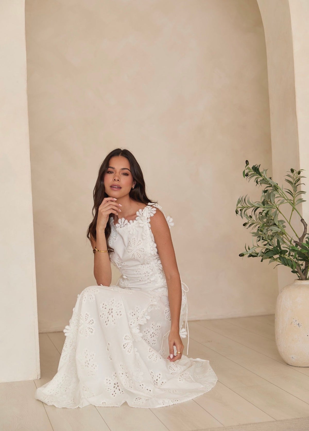 Clara | White Floral Eyelet Embroidered A-Line Maxi Dress with Lace-Up Sides