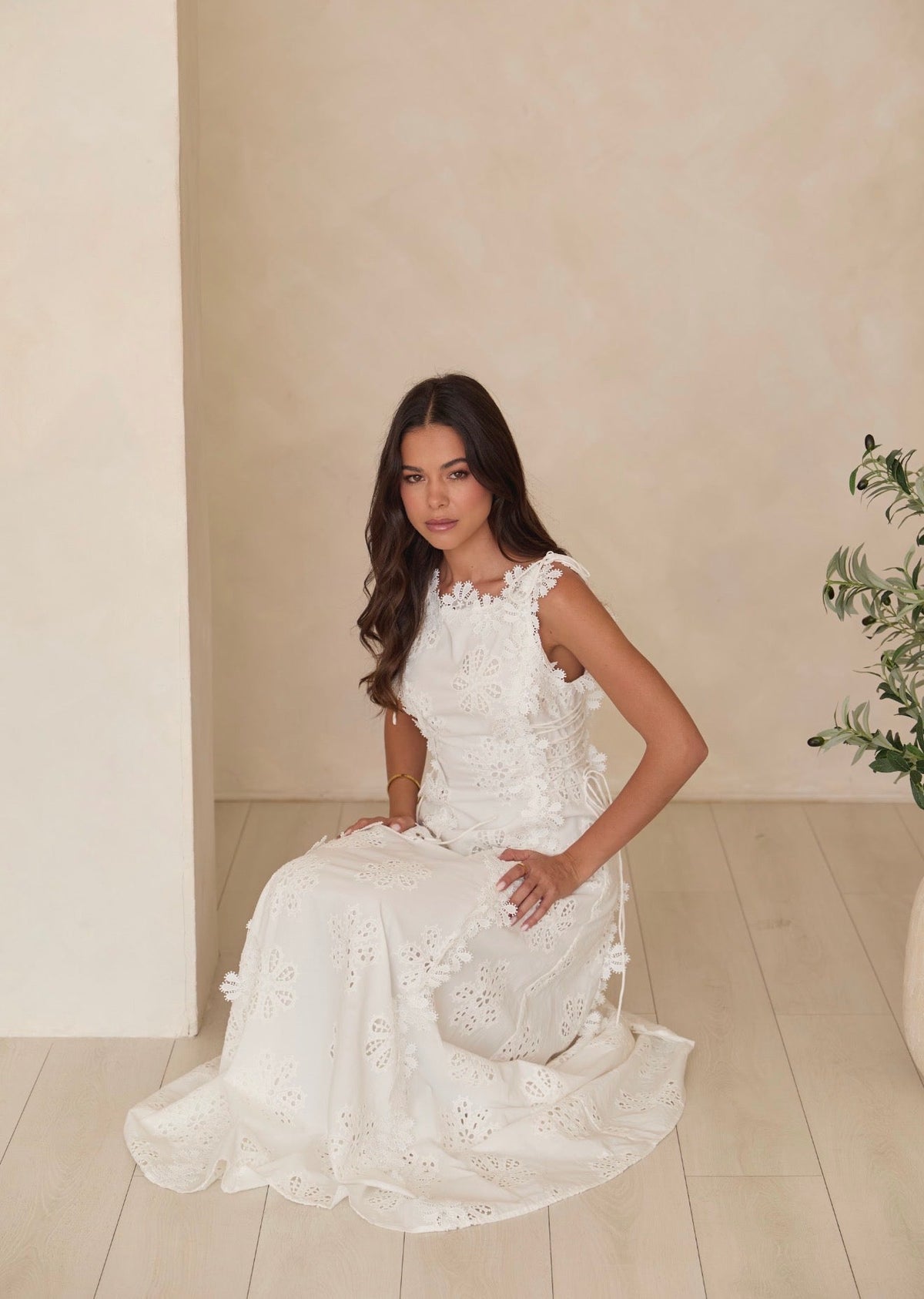 Clara | White Floral Eyelet Embroidered A-Line Maxi Dress with Lace-Up Sides
