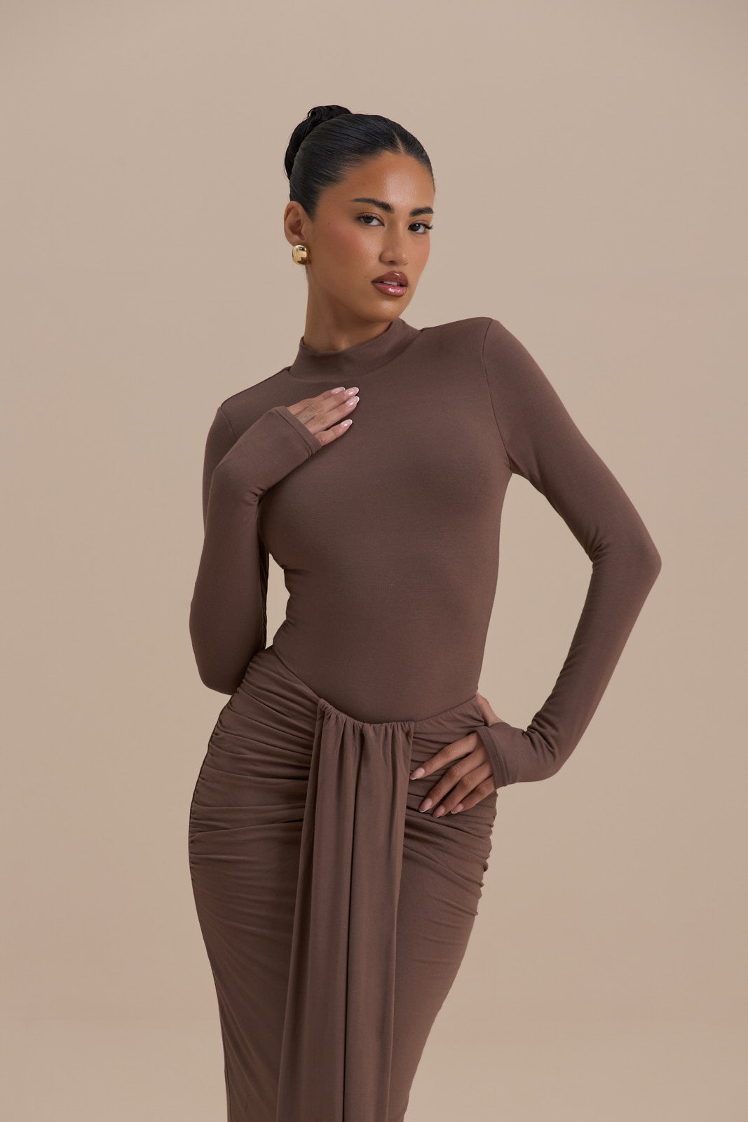 Hazel Doe Sable Chocolate High Neck Zip Back Second Skin Bodysuit 01