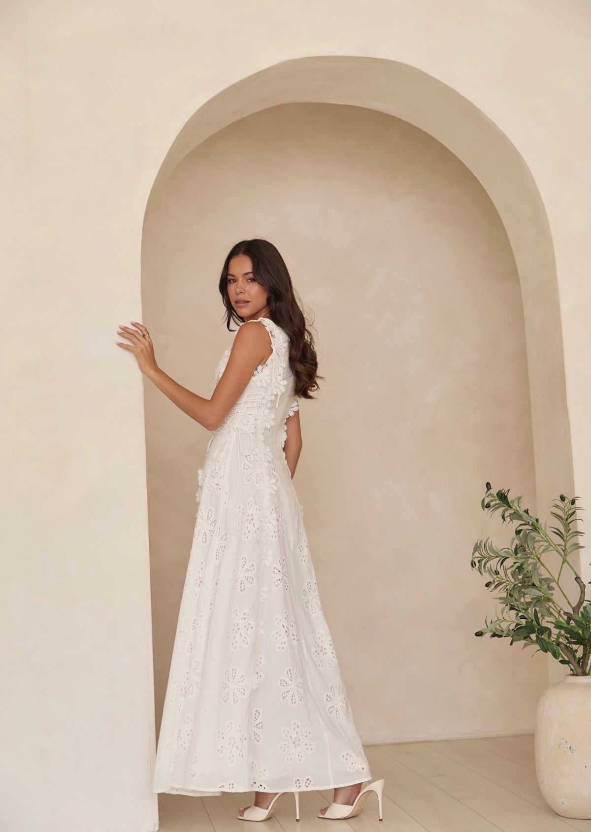 Clara | White Floral Eyelet Embroidered A-Line Maxi Dress with Lace-Up Sides