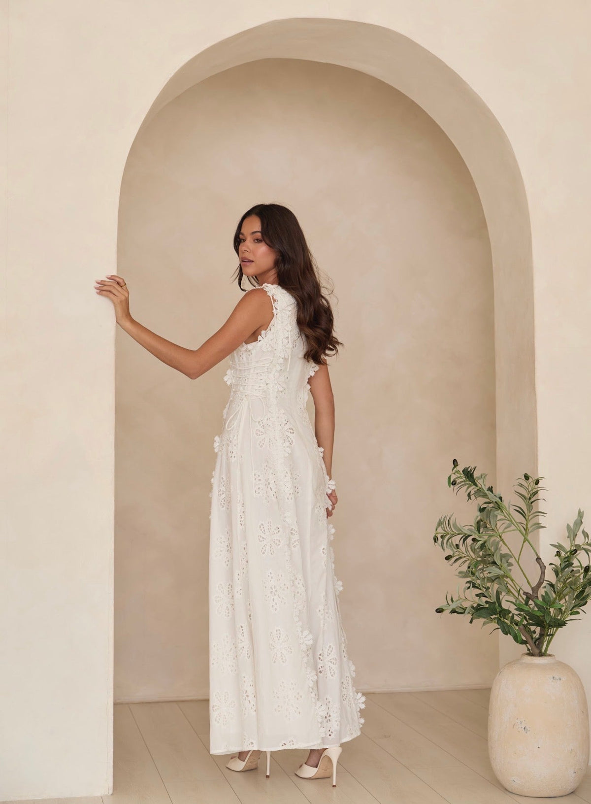 Clara | White Floral Eyelet Embroidered A-Line Maxi Dress with Lace-Up Sides