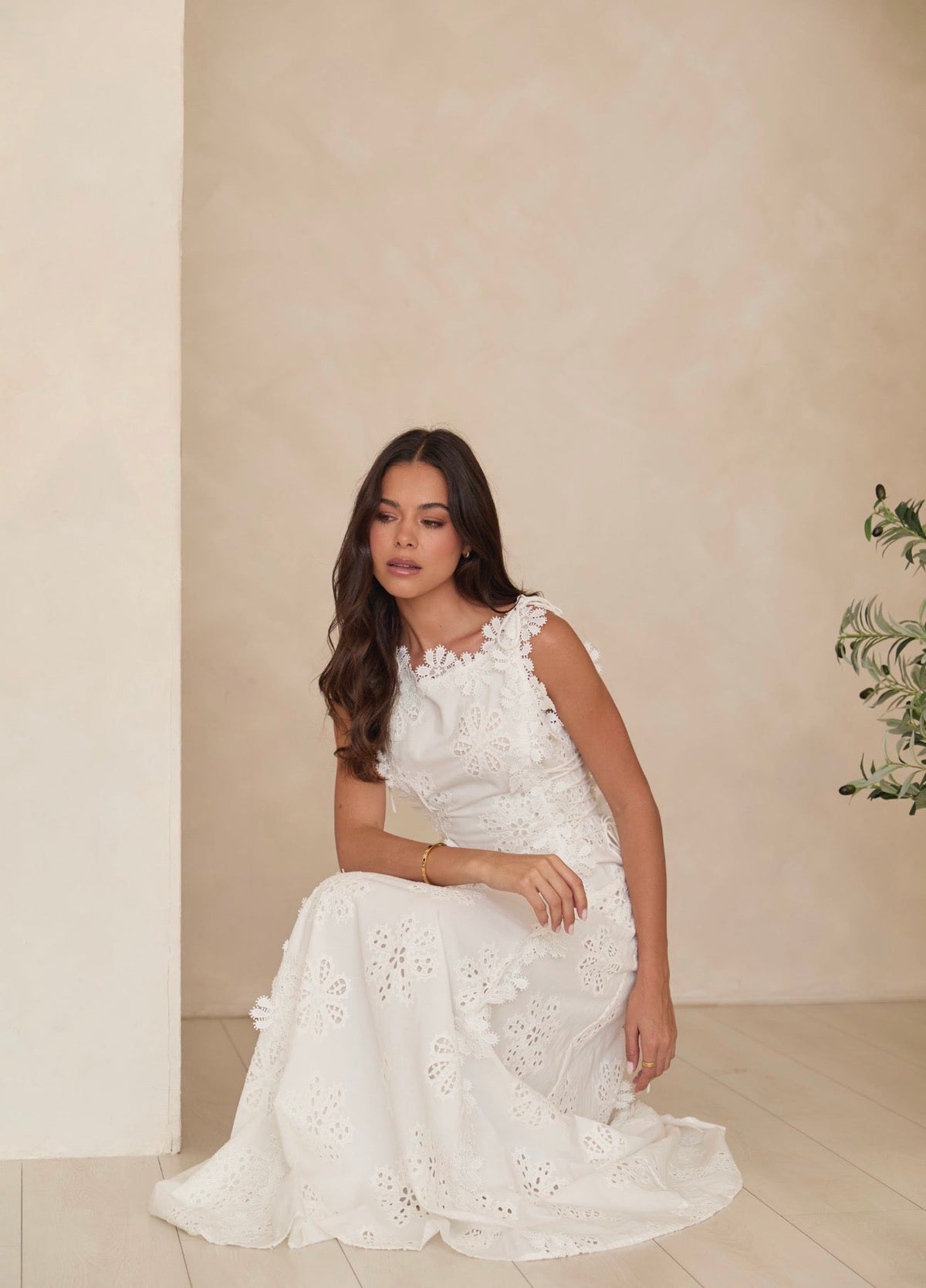 Clara | White Floral Eyelet Embroidered A-Line Maxi Dress with Lace-Up Sides