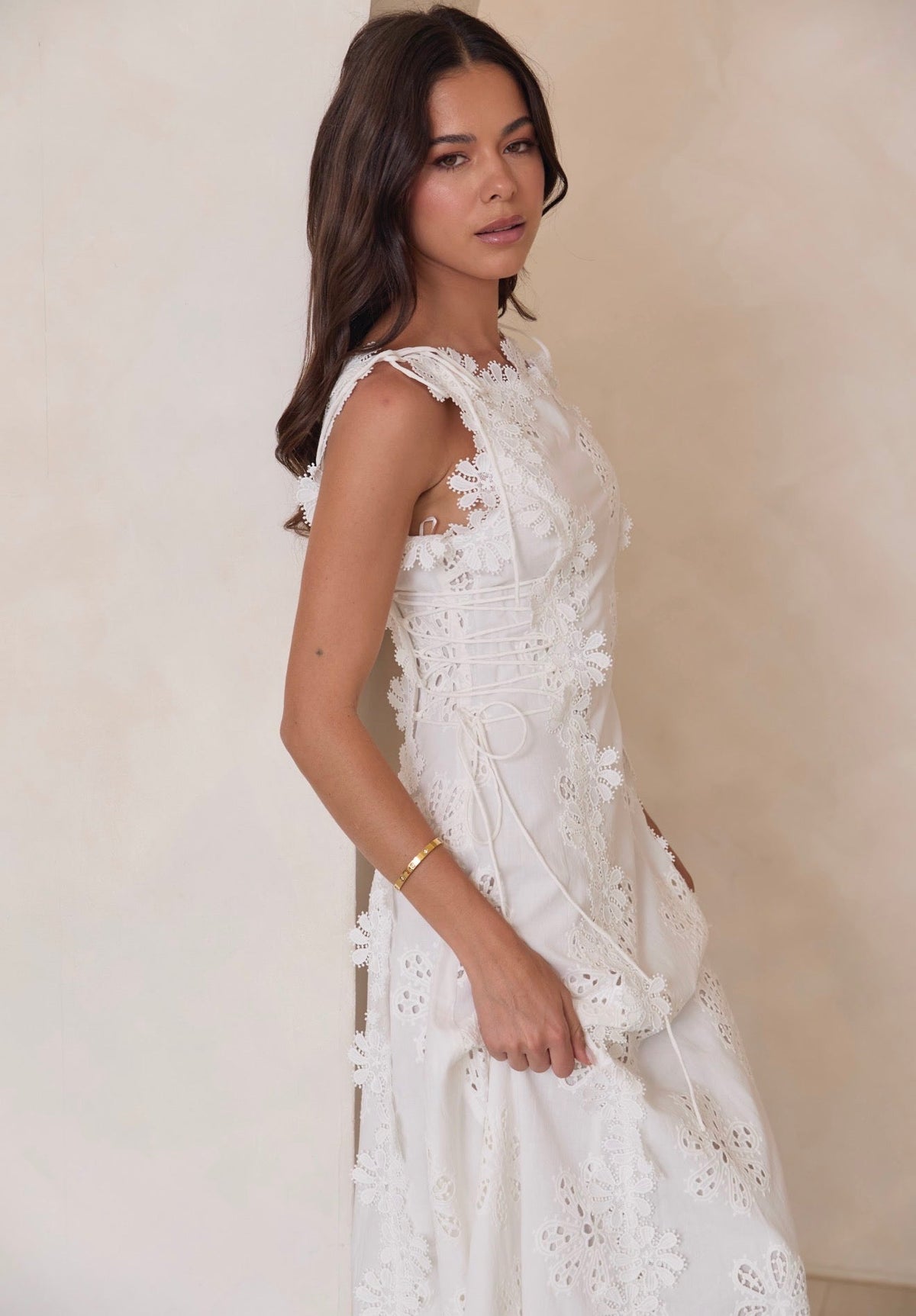 Clara | White Floral Eyelet Embroidered A-Line Maxi Dress with Lace-Up Sides