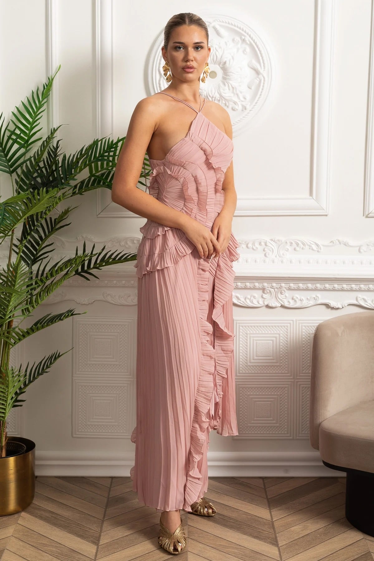 Aveline | Pink Asymmetric Pleated Halter Ruffle Maxi Dress