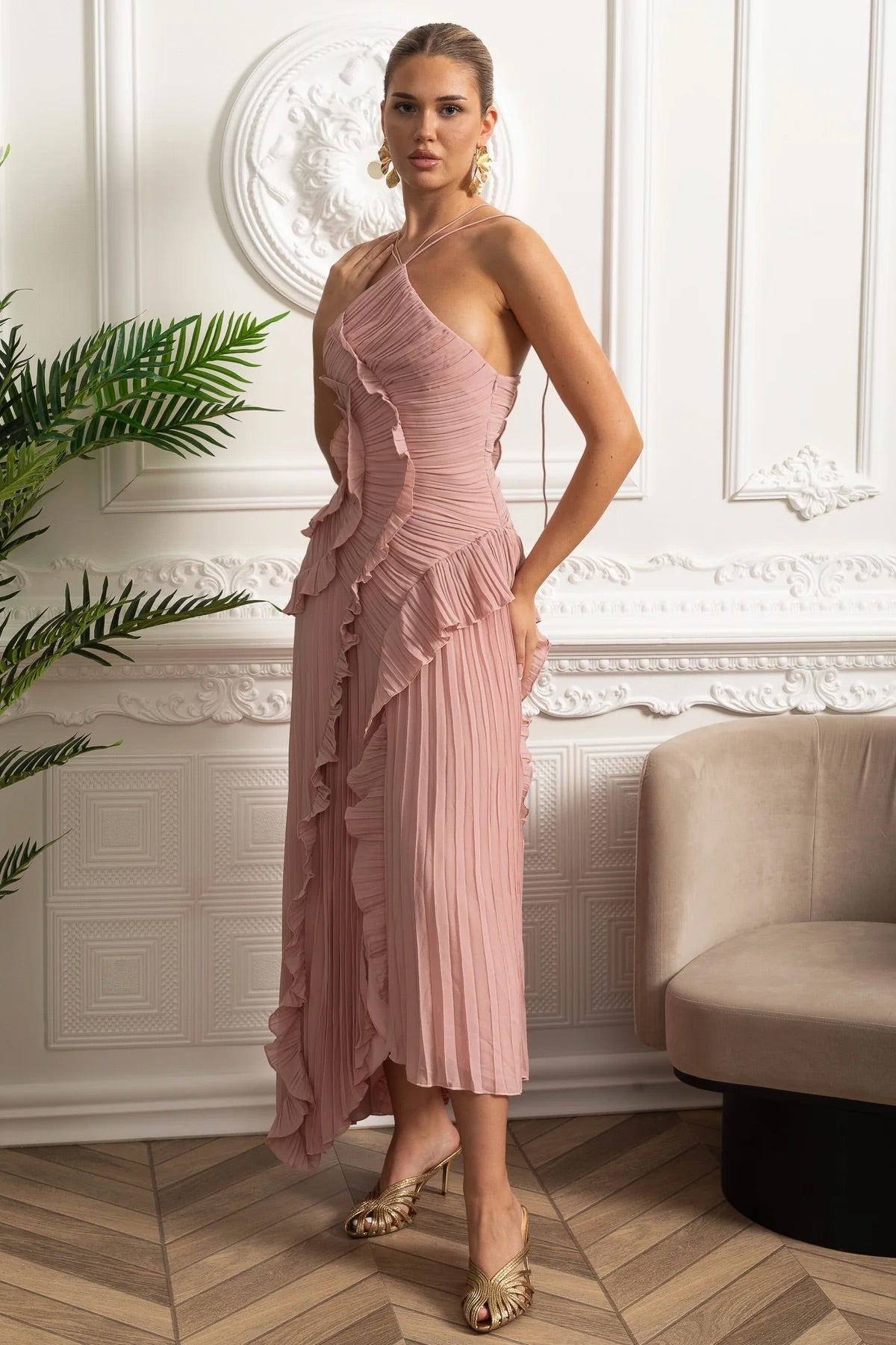 Aveline | Pink Asymmetric Pleated Halter Ruffle Maxi Dress