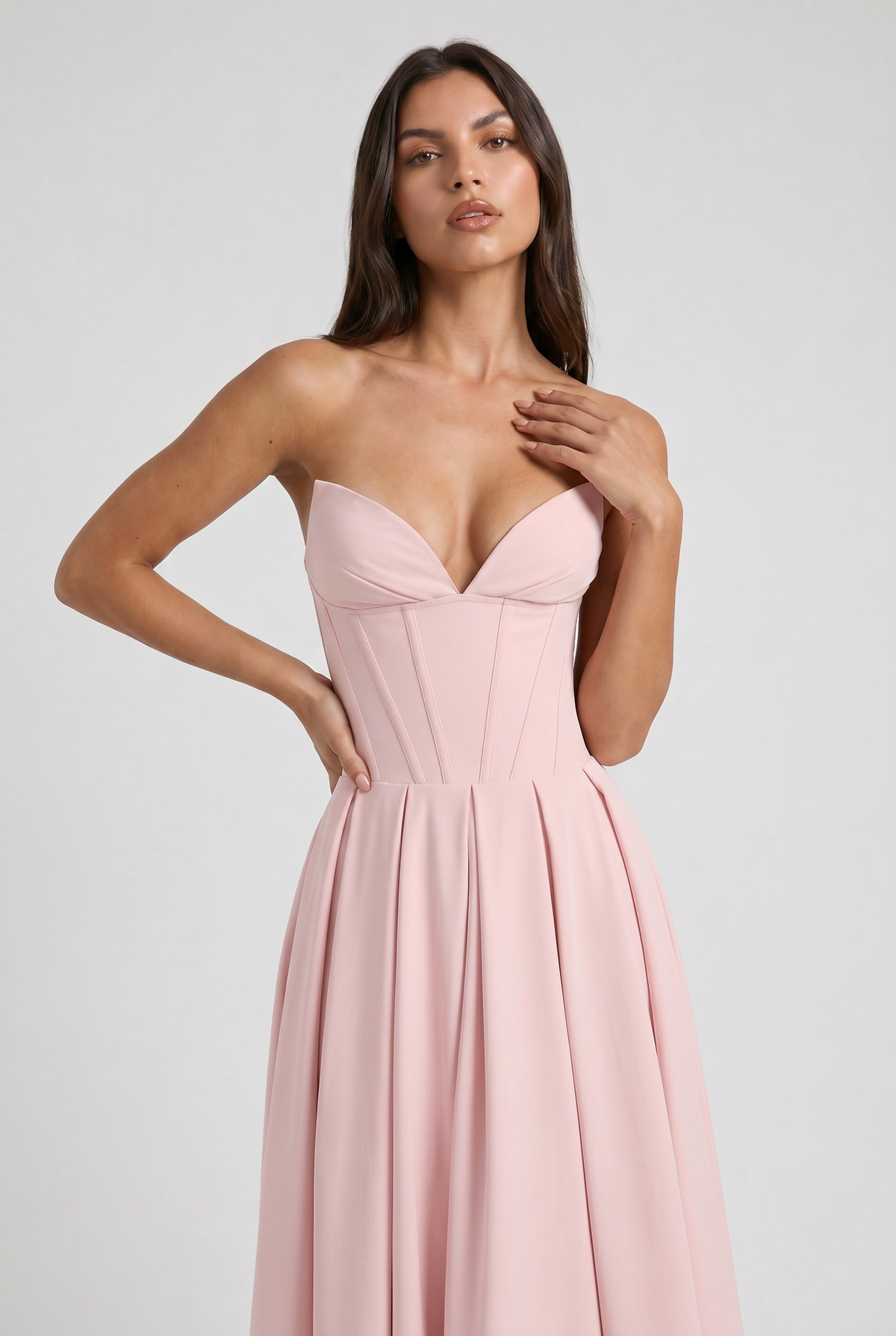 Adeline | Pink Corset Midi Dress with Full Pleated Skirt