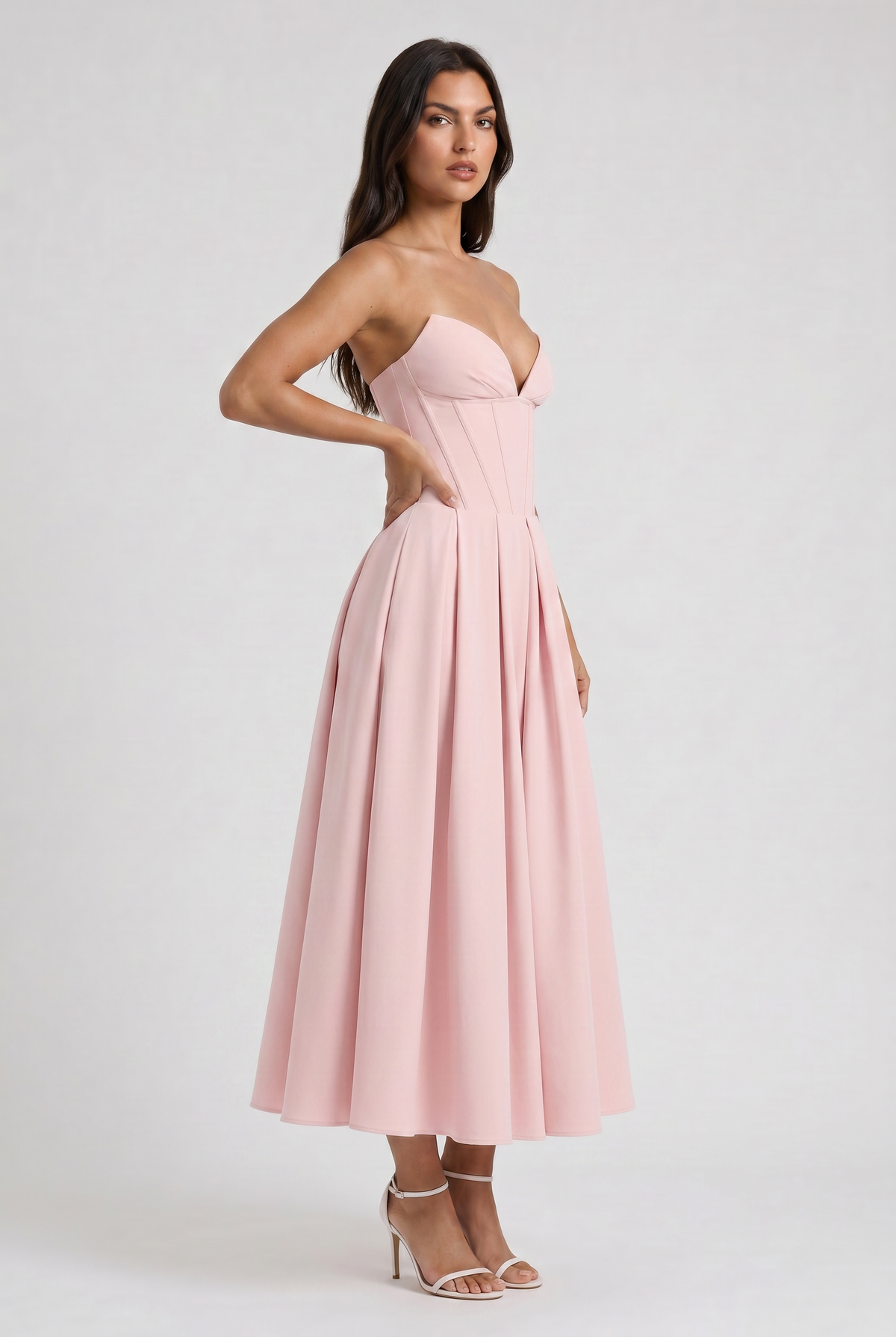 Adeline | Pink Corset Midi Dress with Full Pleated Skirt