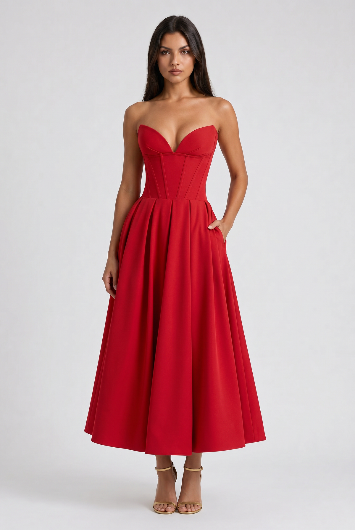 Adeline | Red Corset Midi Dress with Full Pleated Skirt