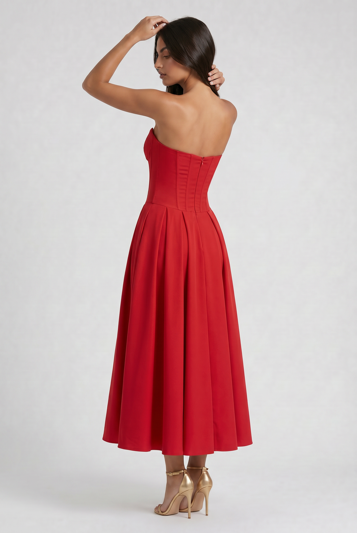 Adeline | Red Corset Midi Dress with Full Pleated Skirt