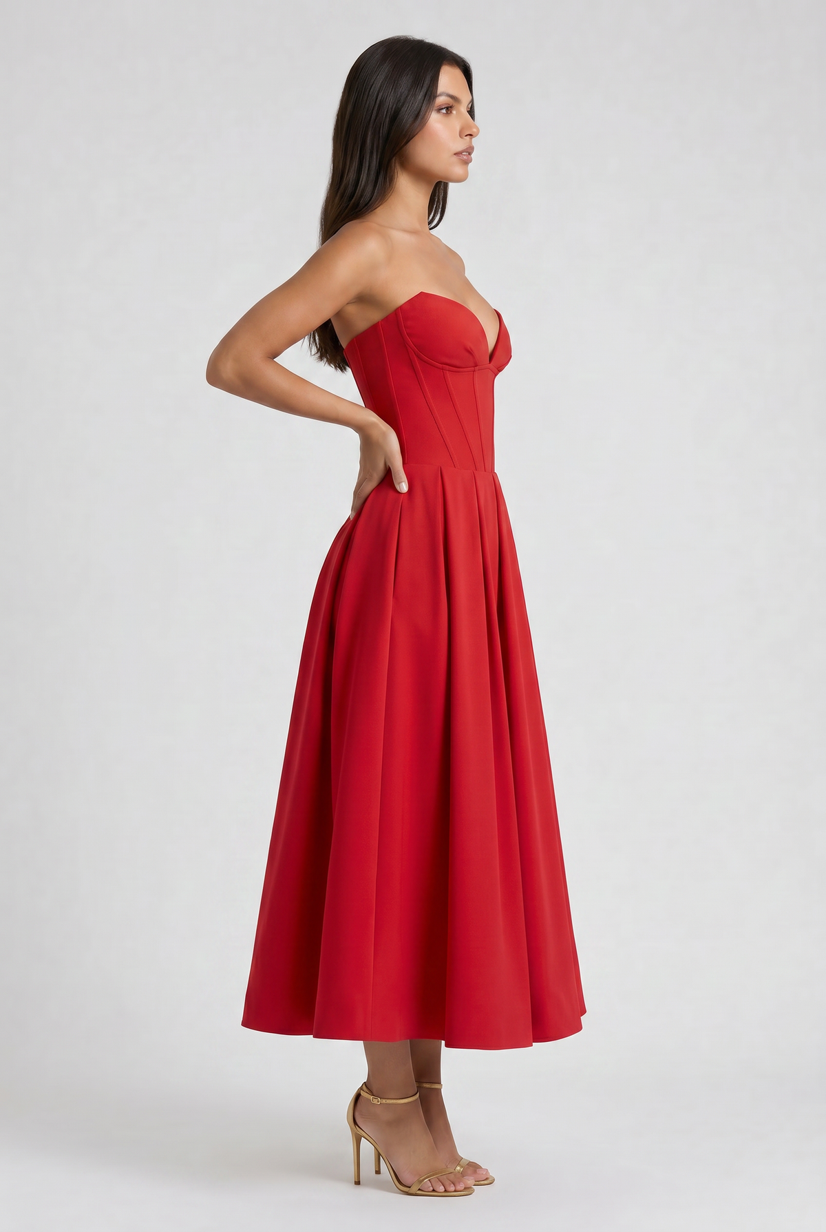 Adeline | Red Corset Midi Dress with Full Pleated Skirt