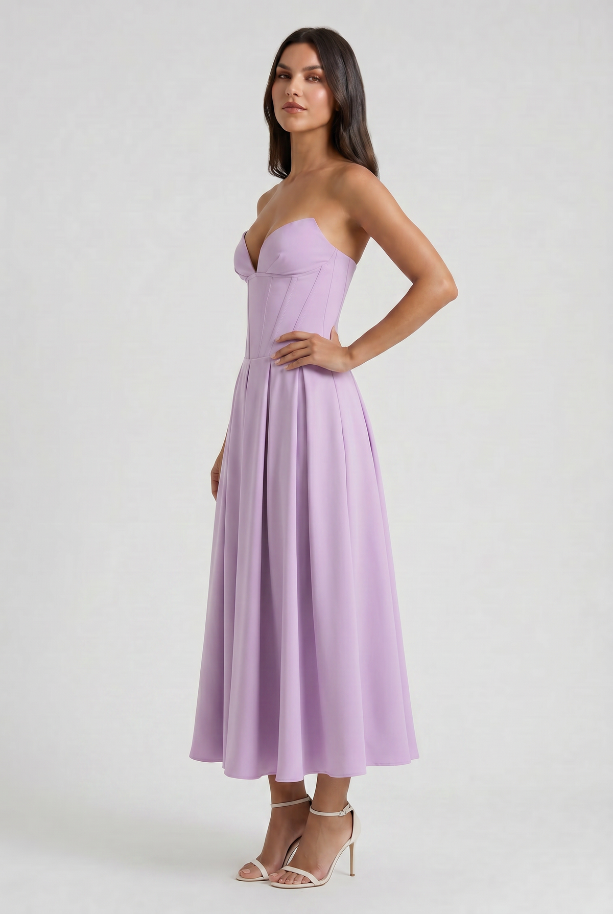 Adeline | Purple Corset Midi Dress with Full Pleated Skirt