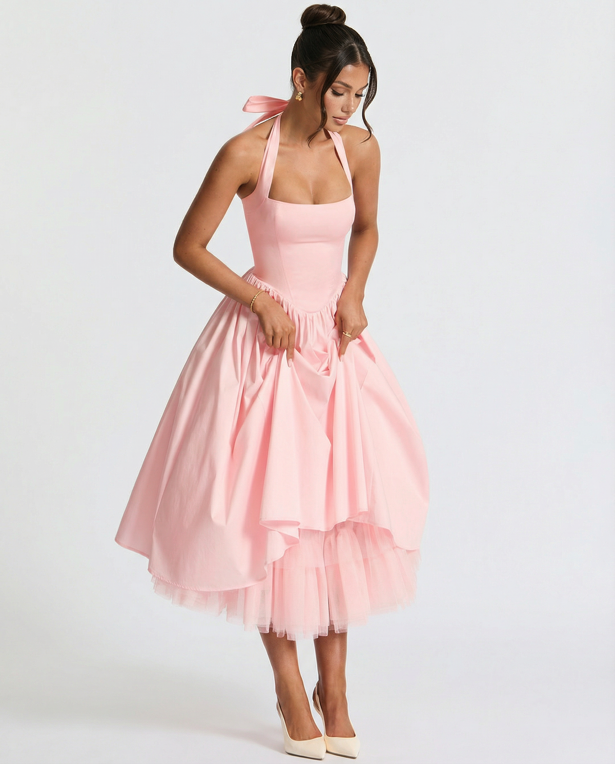 Lena | Pink Halter Neck Midi Dress with Lace-Up Back