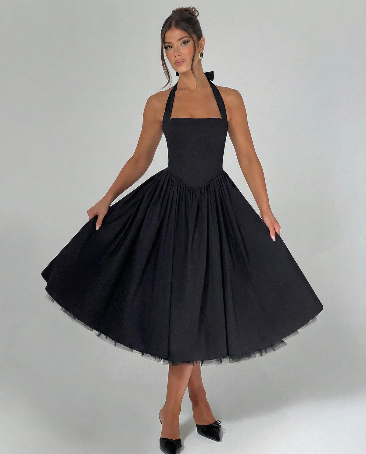 Lena | Black Halter Neck Mini Dress with Lace-Up Back