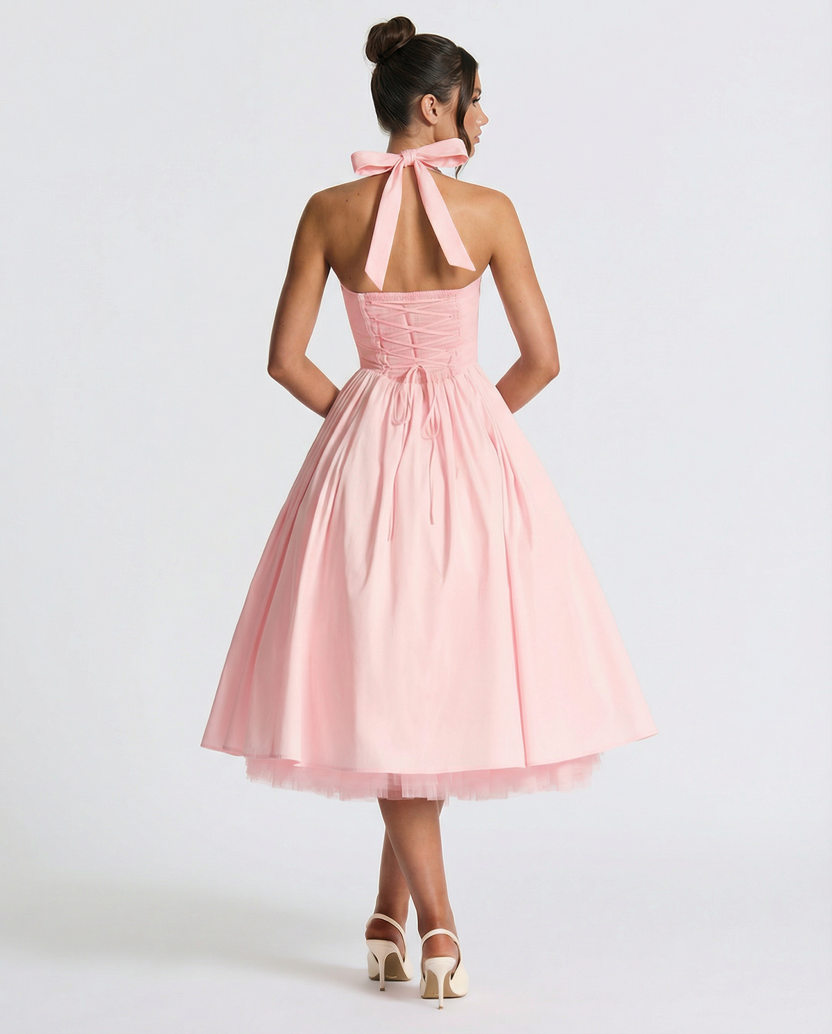 Lena | Pink Halter Neck Midi Dress with Lace-Up Back