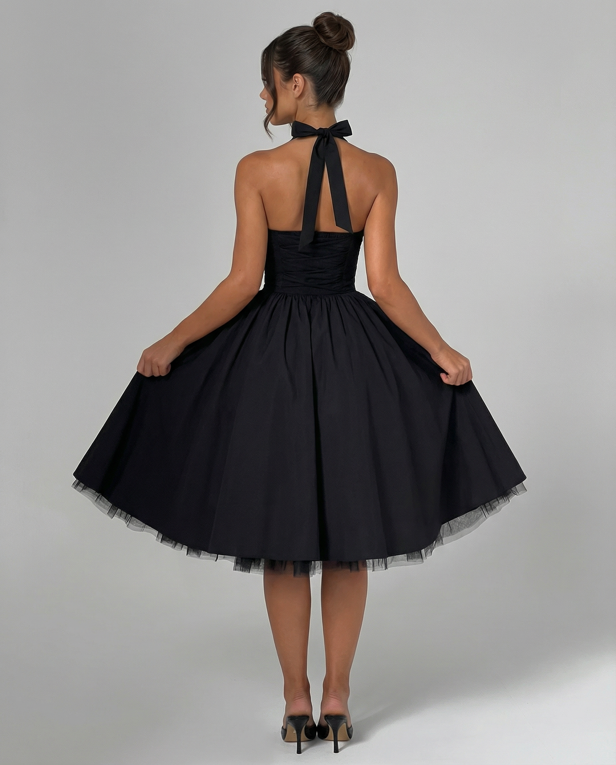 Lena | Black Halter Neck Mini Dress with Lace-Up Back