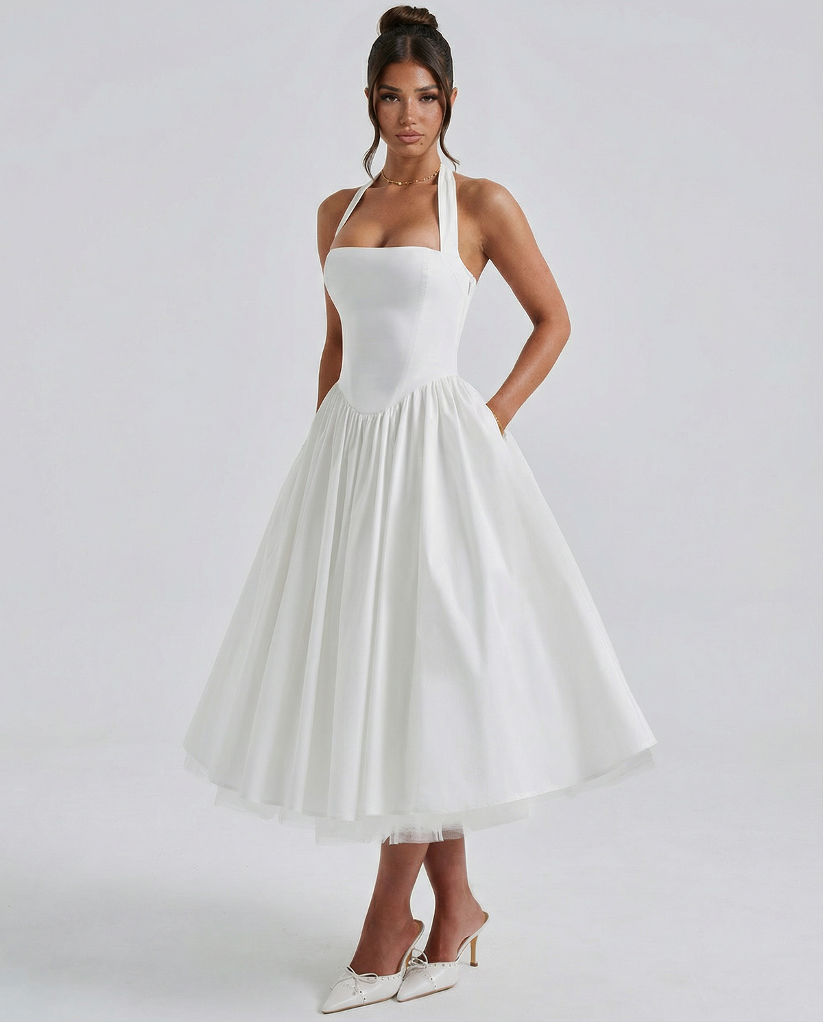 Lena | White Halter Neck Midi Dress with Lace-Up Back