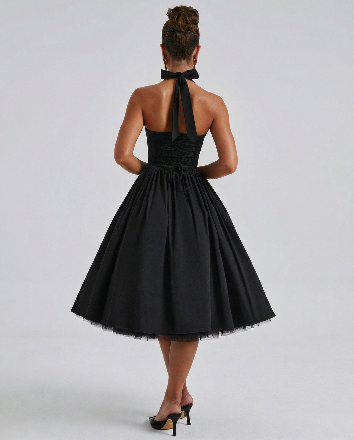 Lena | Black Halter Neck Mini Dress with Lace-Up Back
