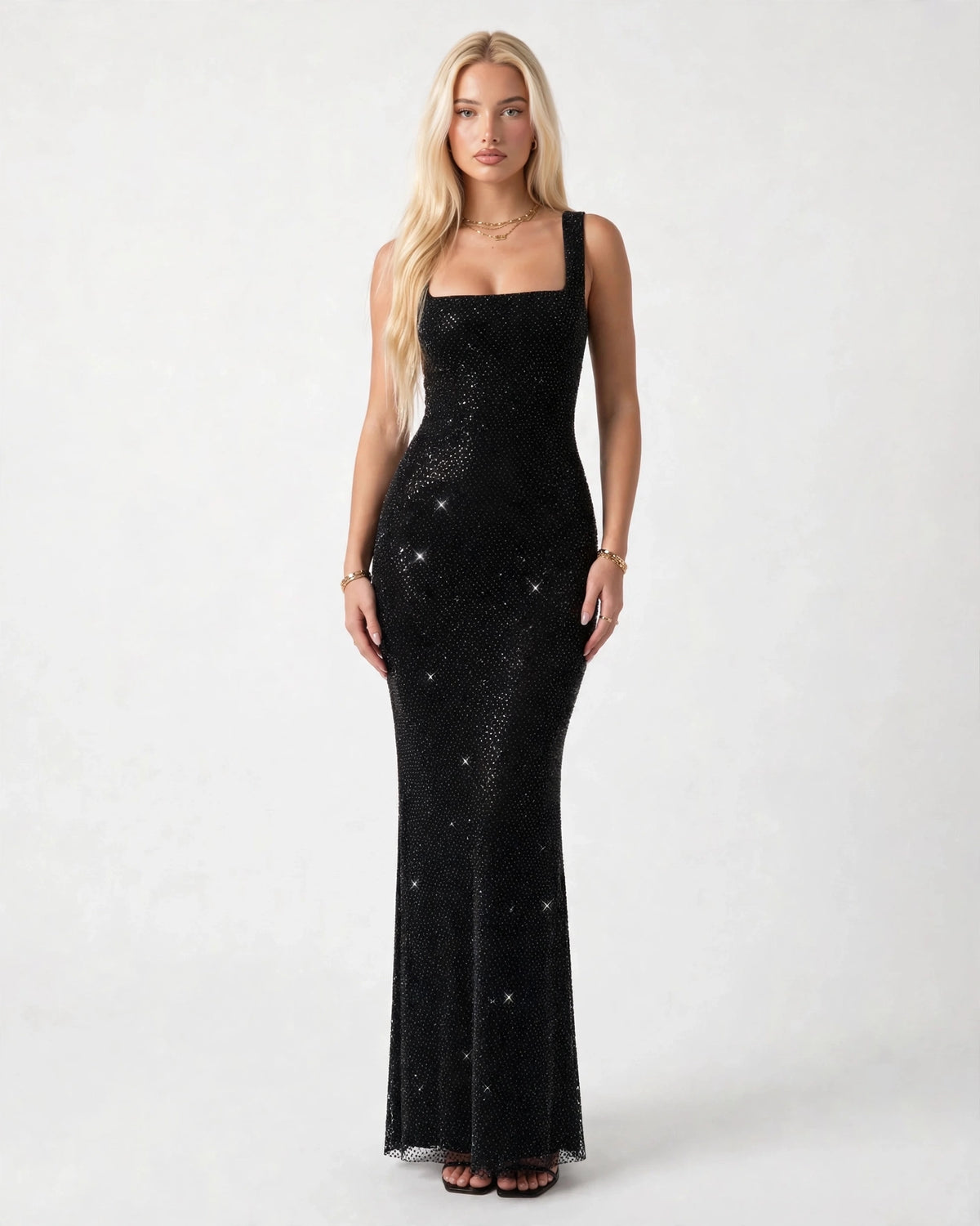 Aurelia black rhinestone sheer maxi gown - full length front view
