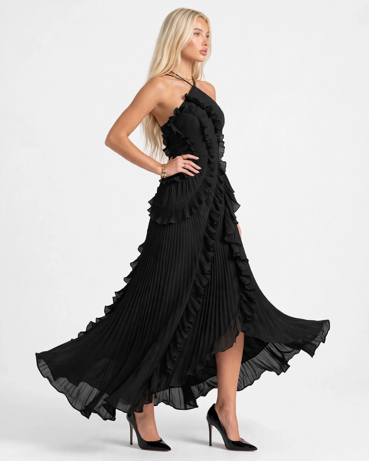 Aveline black asymmetric pleated halter ruffle maxi dress, three-quarter view