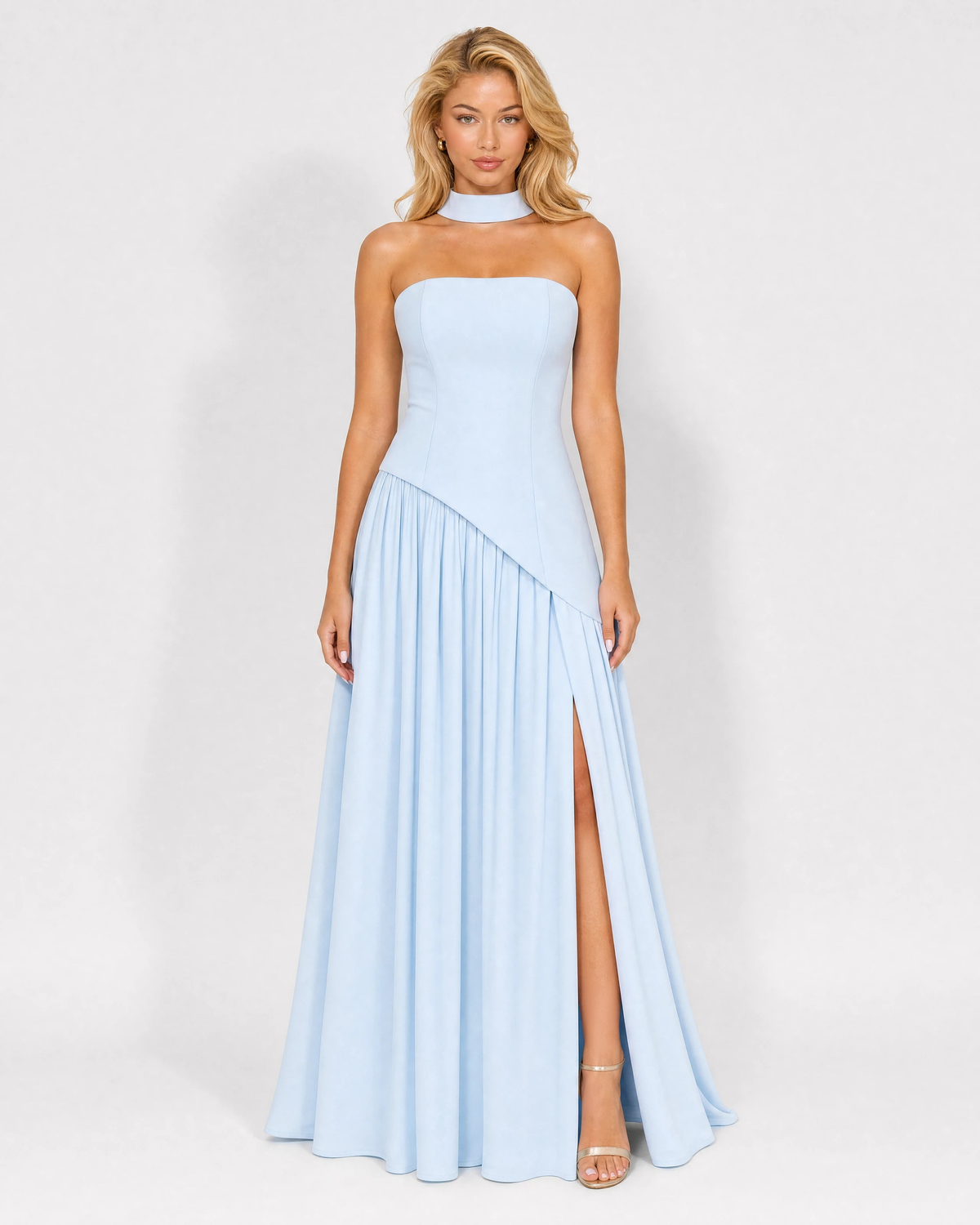 Bianca baby blue choker-neck maxi dress - front