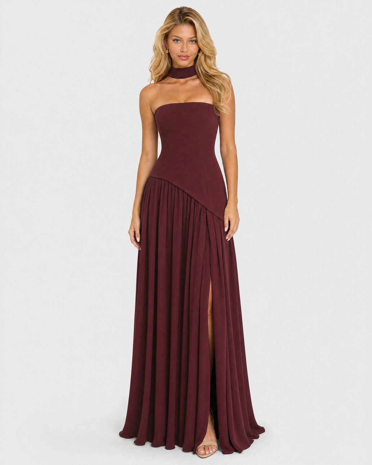 Bianca burgundy choker-neck maxi dress - front