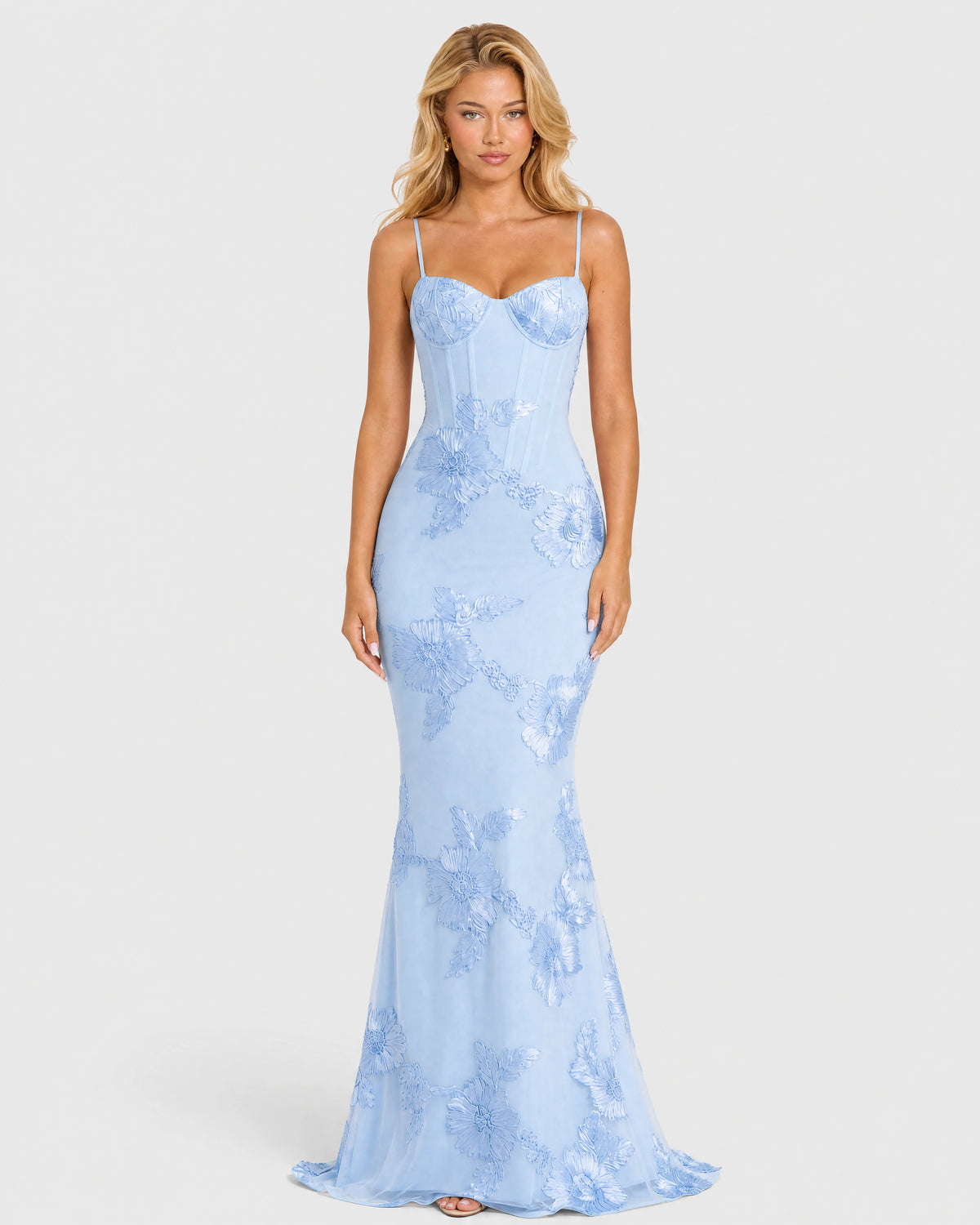 Celeste sky blue embroidered mermaid gown - front