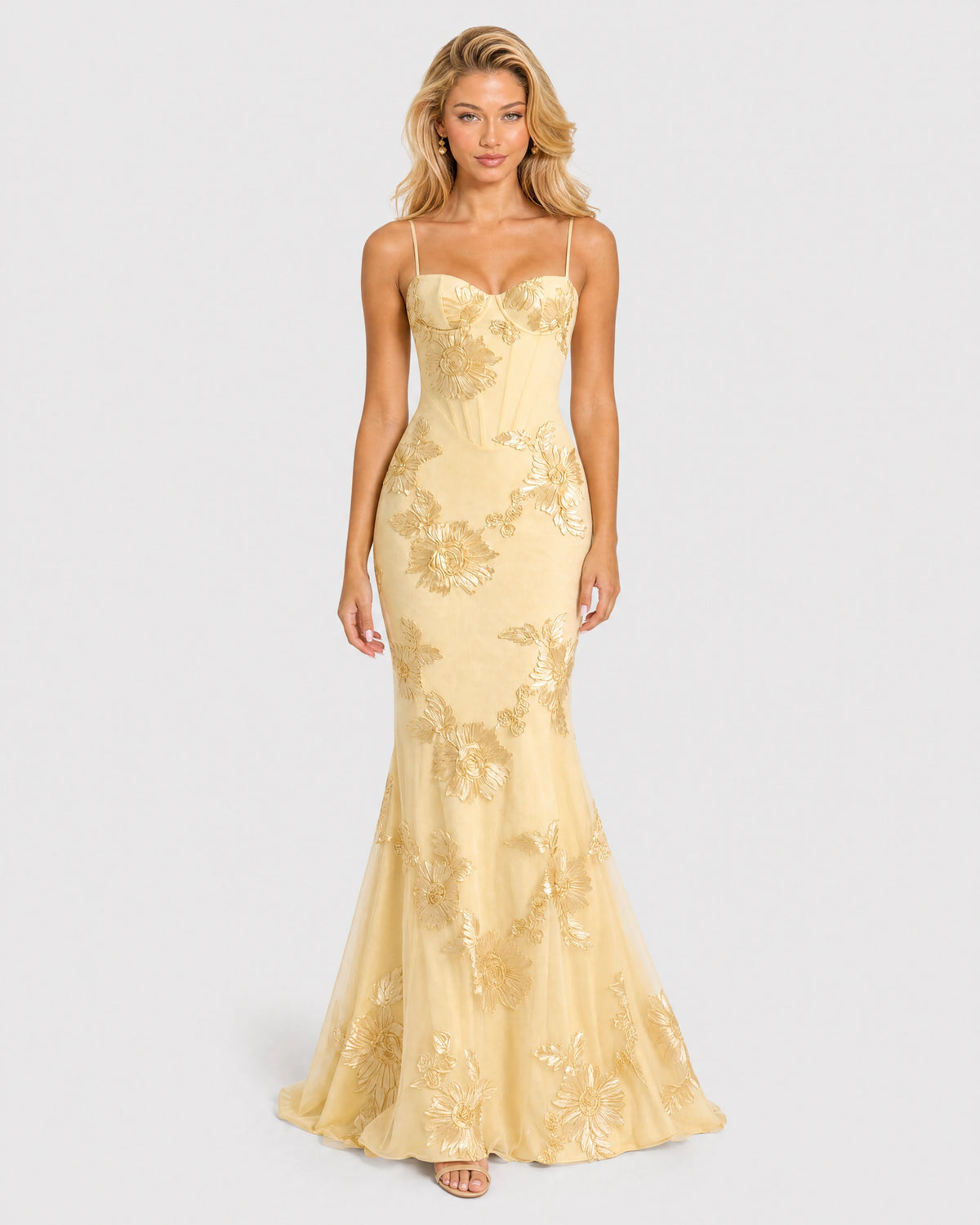 Celeste butter yellow embroidered mermaid gown - front