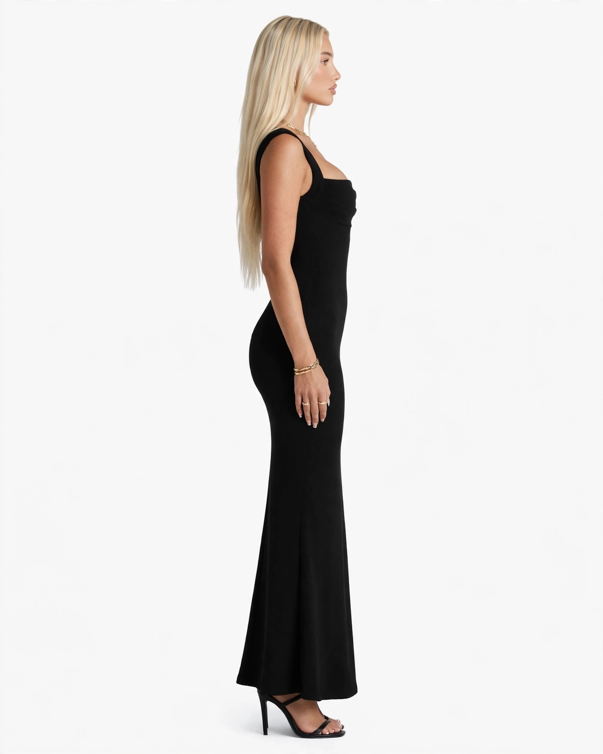 Celine black square neck maxi dress, side view