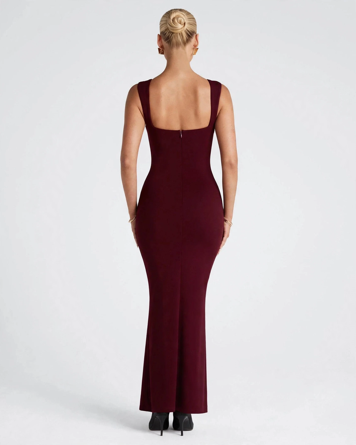 Celine wine red square neck maxi dress, back view
