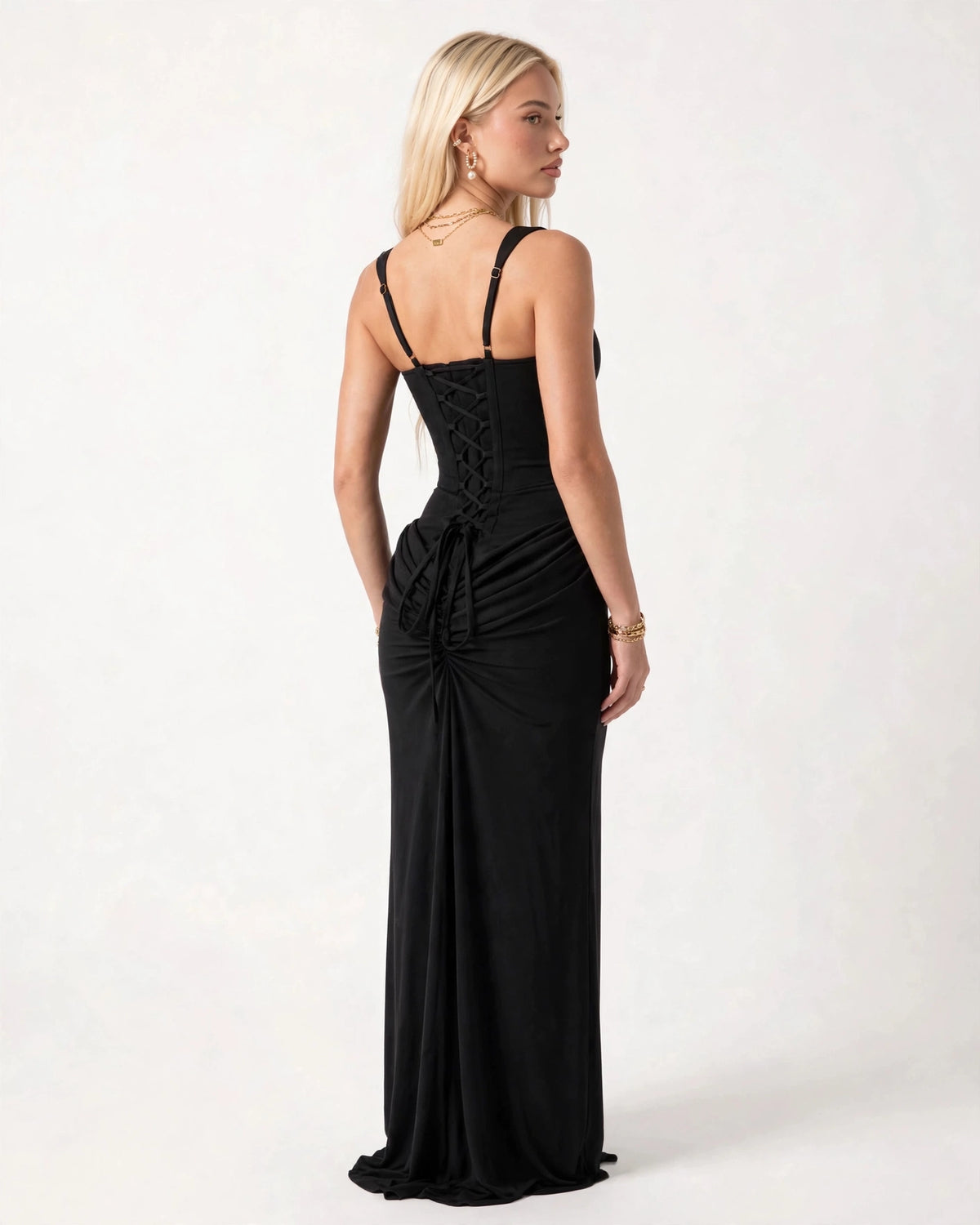 Coralie black corset draped maxi dress - back view with lace-up detail