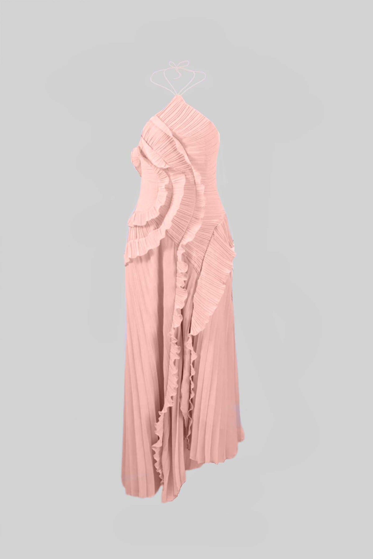 Aveline | Pink Asymmetric Pleated Halter Ruffle Maxi Dress