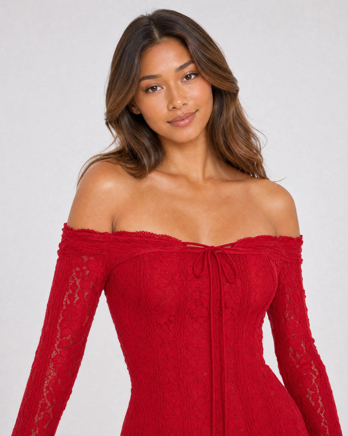 Genevieve off-shoulder lace maxi gown in red, bodice close-up