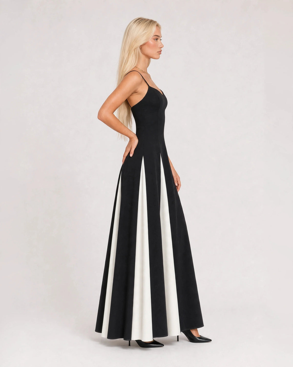 Isadora black and white panelled A-line maxi dress - side view