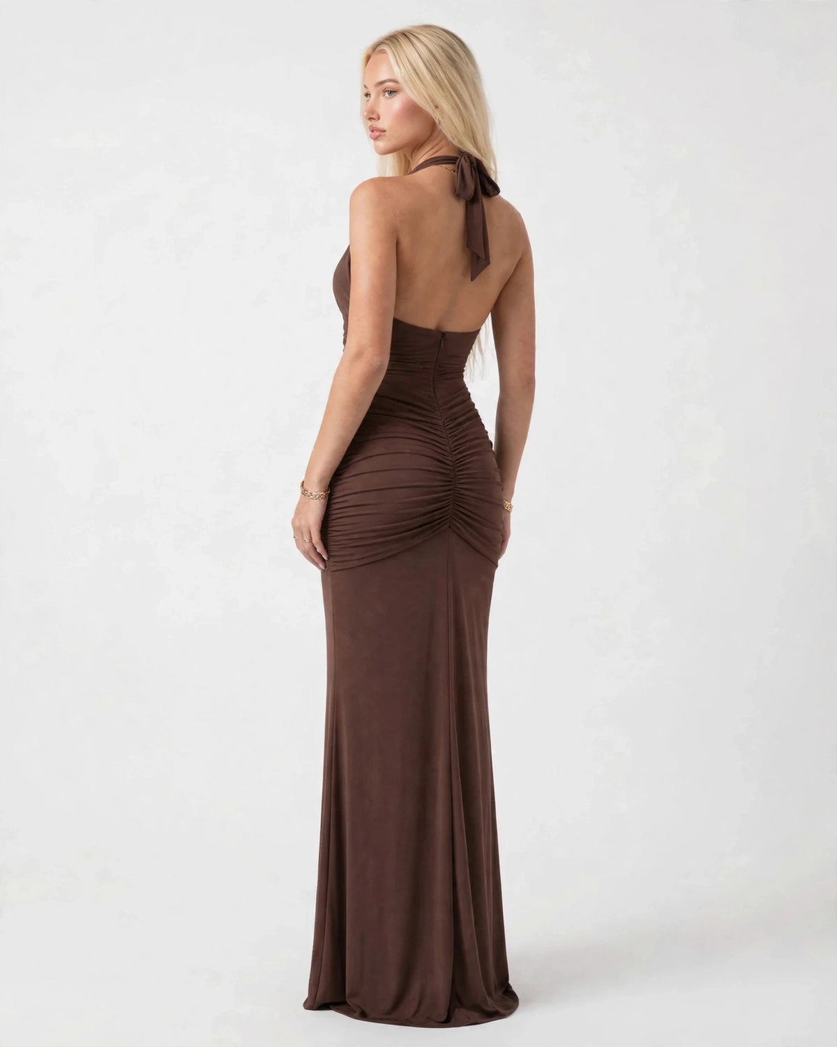 Liliane chocolate brown plunge halter maxi dress - back view over the shoulder