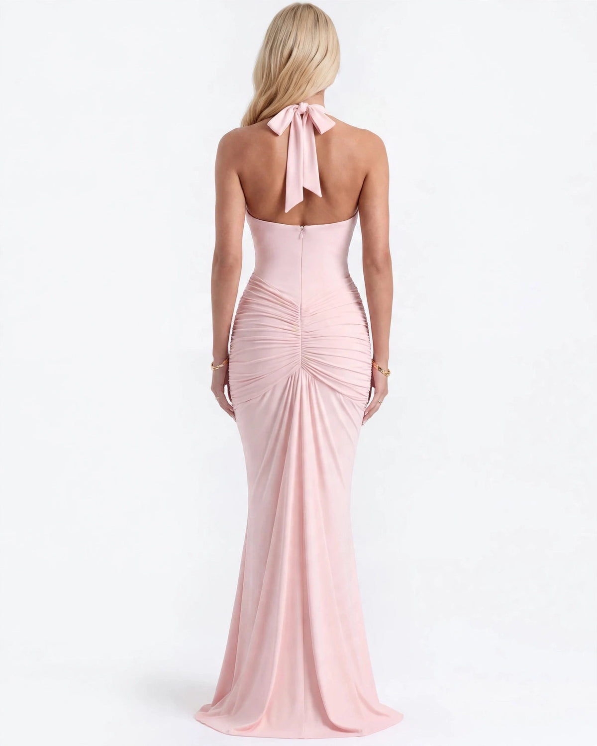 Liliane blush pink plunge halter maxi dress - open back with tie detail