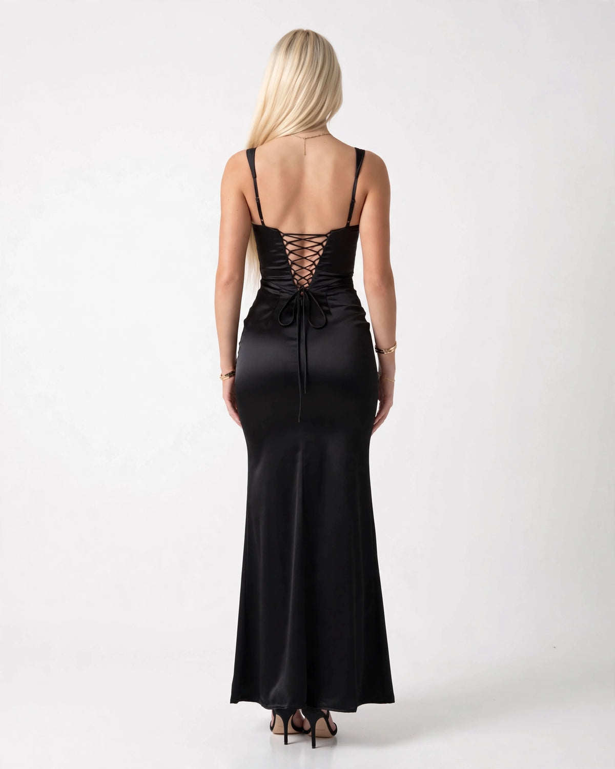 Nora black satin column maxi gown lace-up back, back view