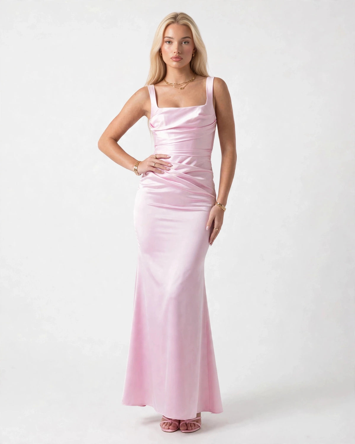 Nora soft pink satin column maxi gown, front view