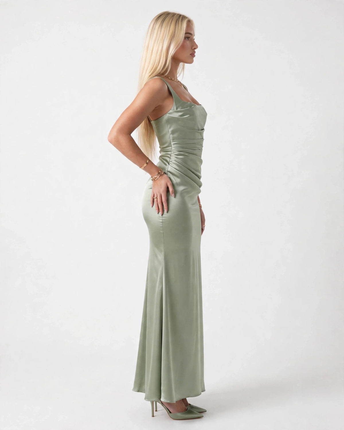 Nora sage green satin column maxi gown, side view