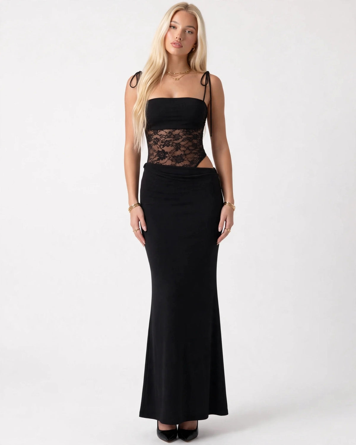 Rosalie black lace-waist maxi dress with tie straps, front view
