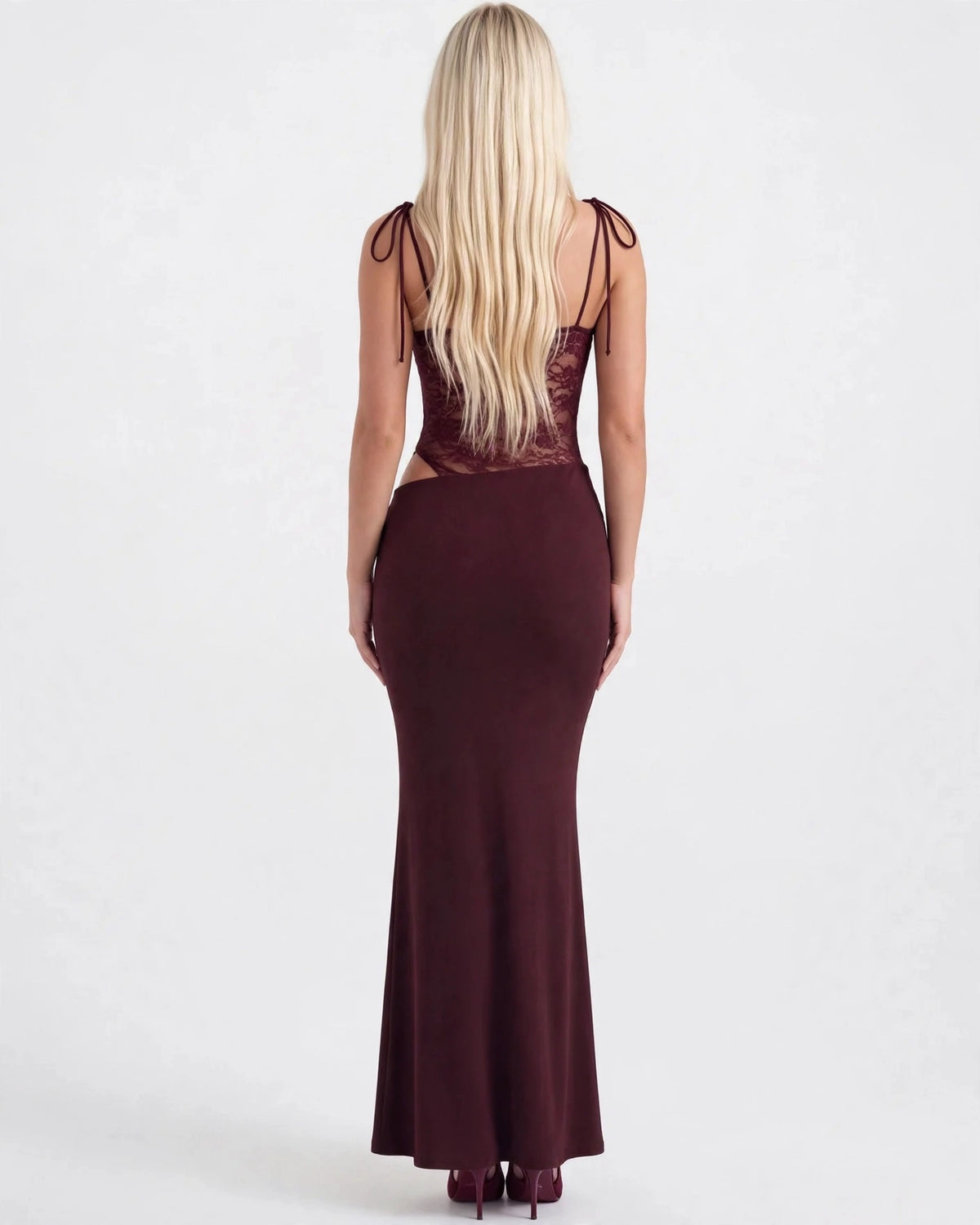 Rosalie burgundy lace-waist maxi dress, back view