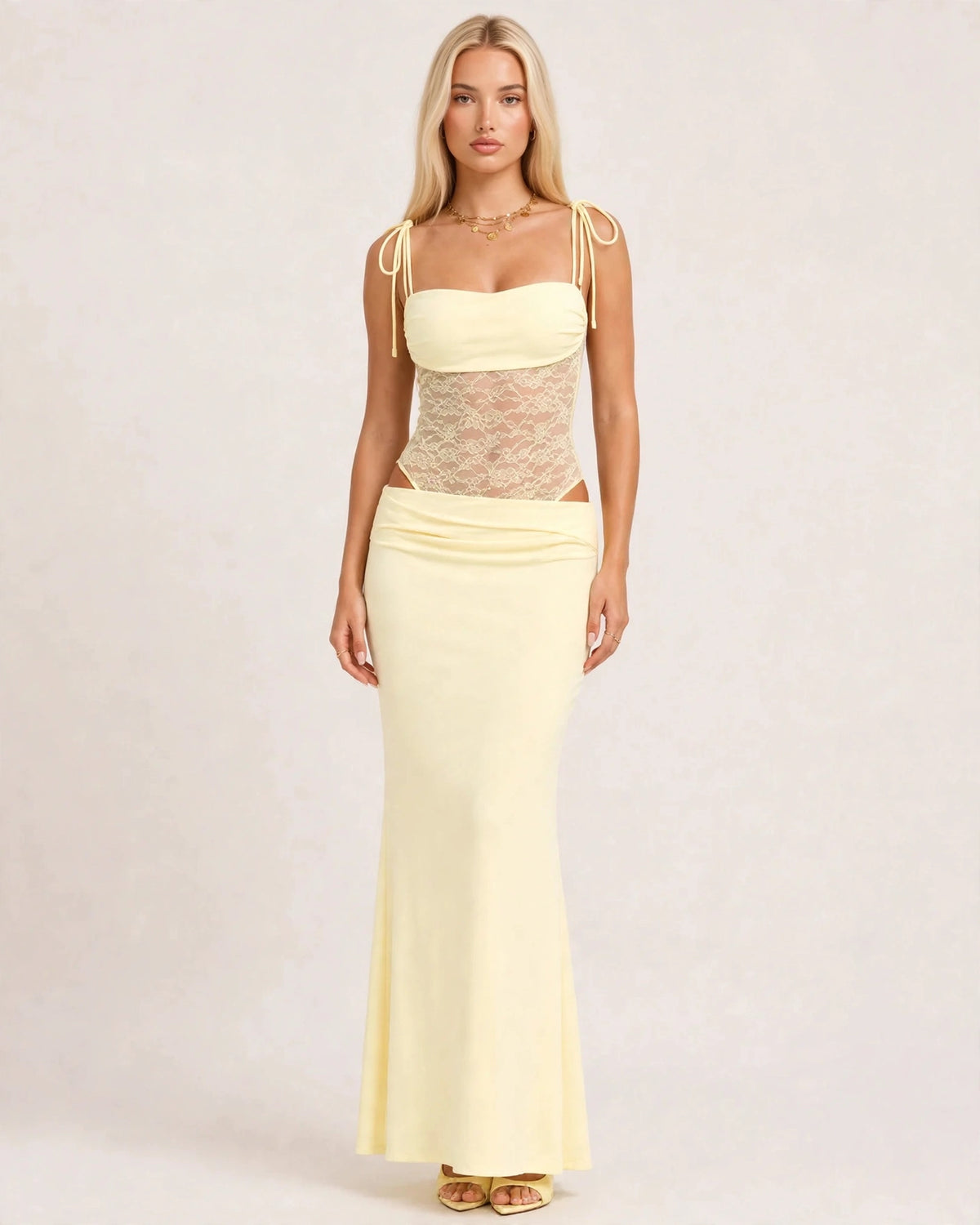 Rosalie butter yellow lace-waist maxi dress with tie straps, front view