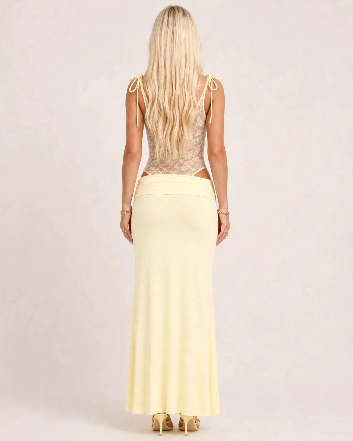 Rosalie butter yellow lace-waist maxi dress, back view
