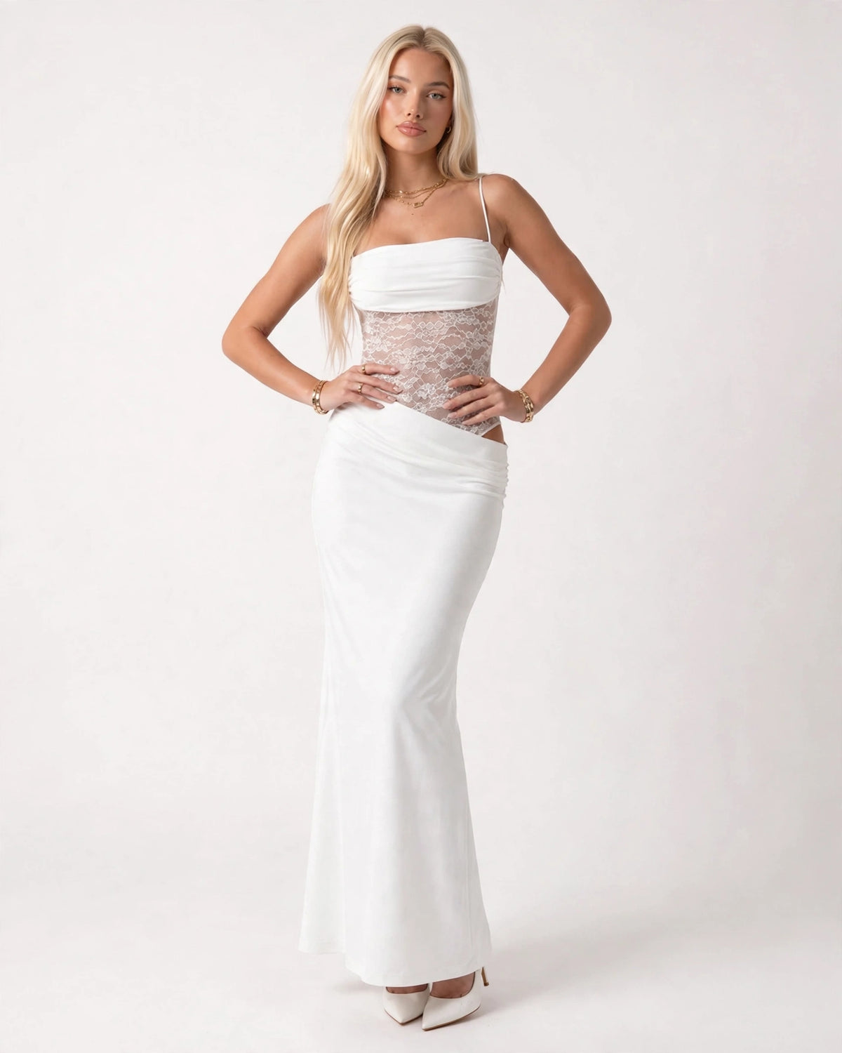 Rosalie white dress sheer floral lace waist panel and tie-bow straps
