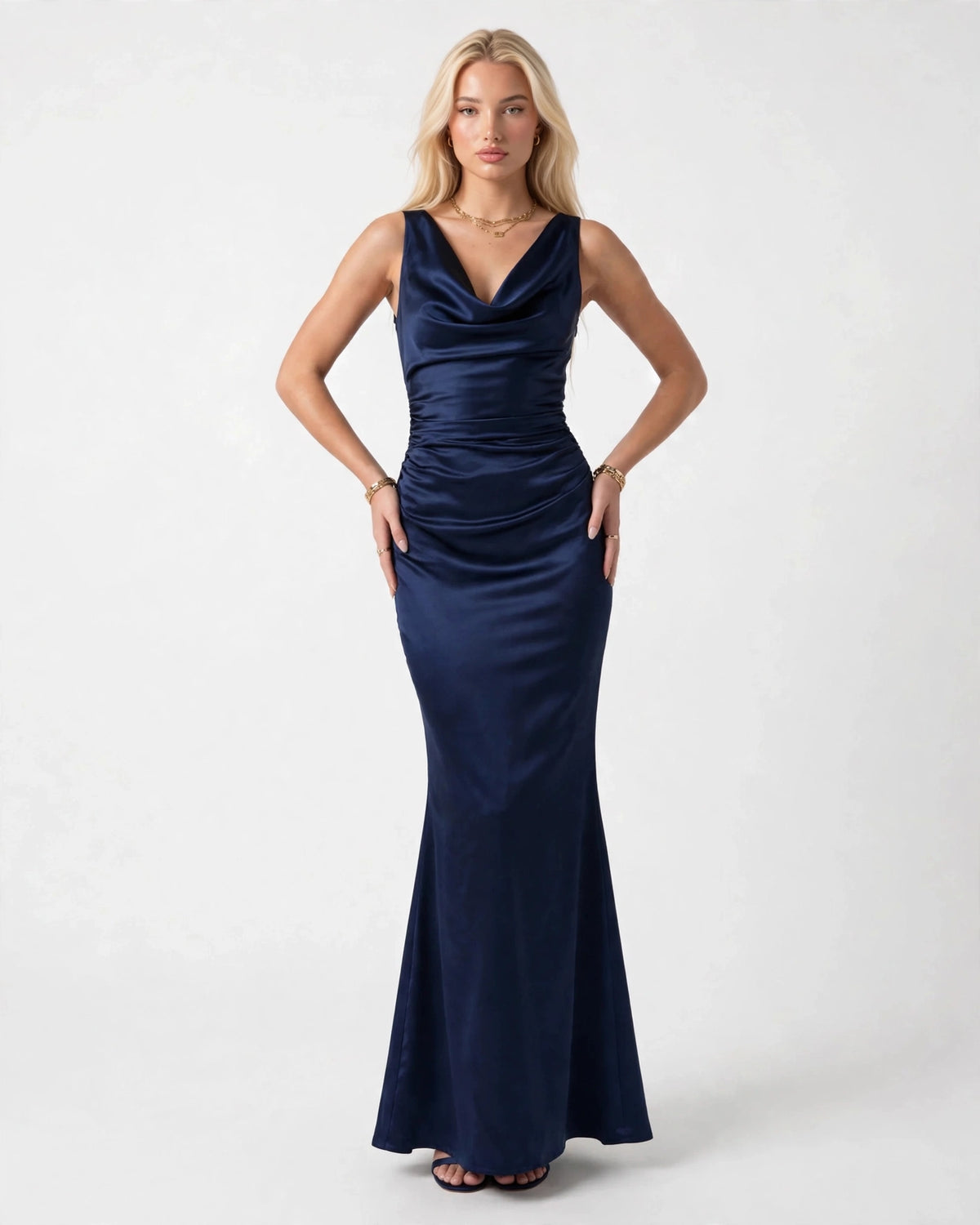 Sabine navy satin cowl neck maxi dress with draped open back, front view