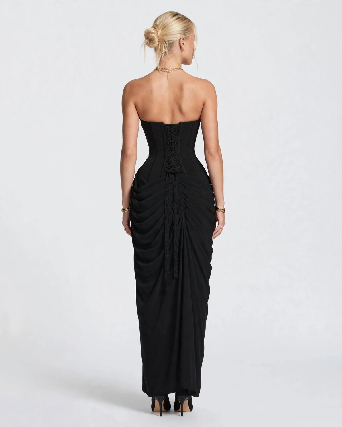 Seraphine black strapless corset column maxi gown, back view