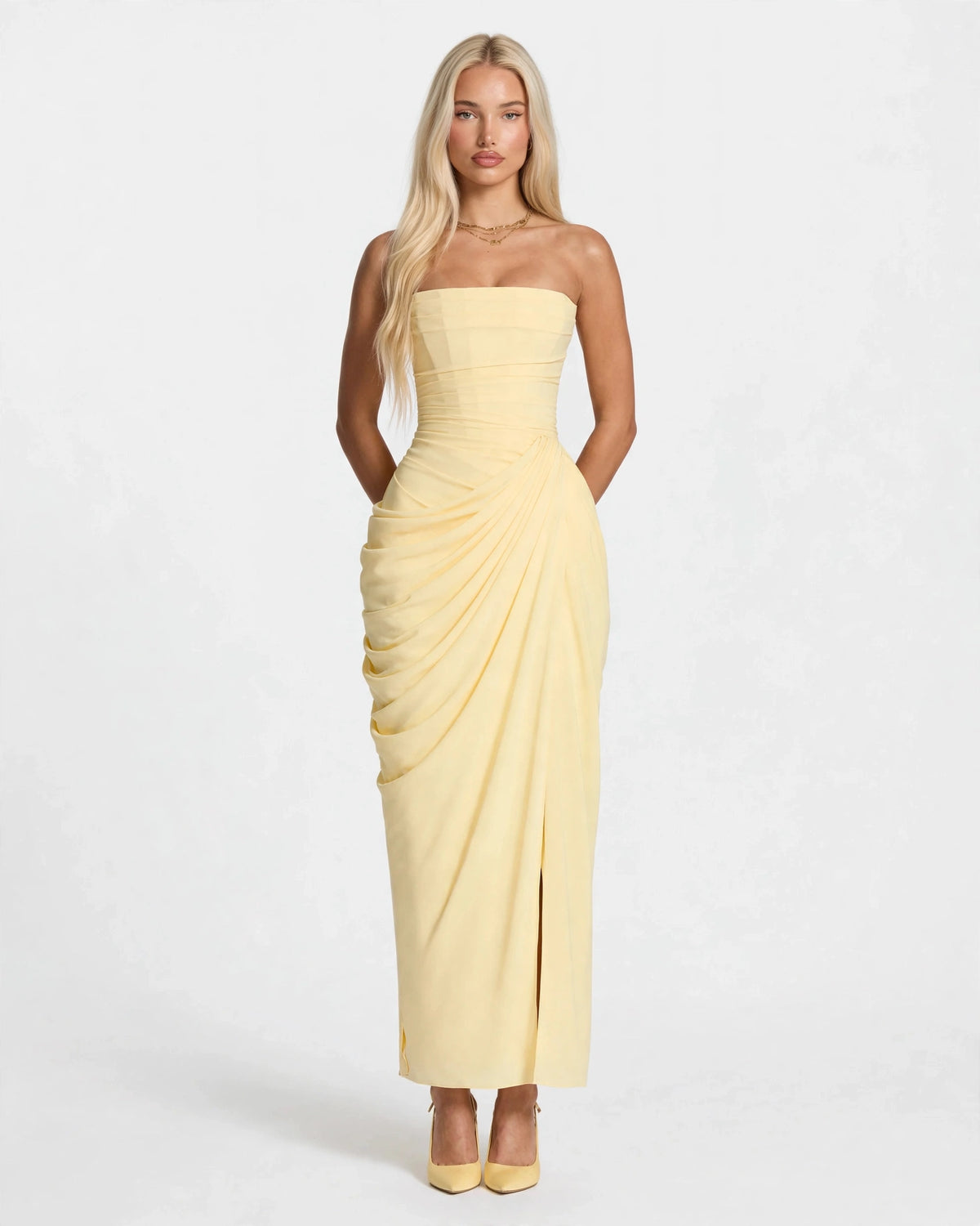 Seraphine butter yellow pleated corset maxi dress, front view