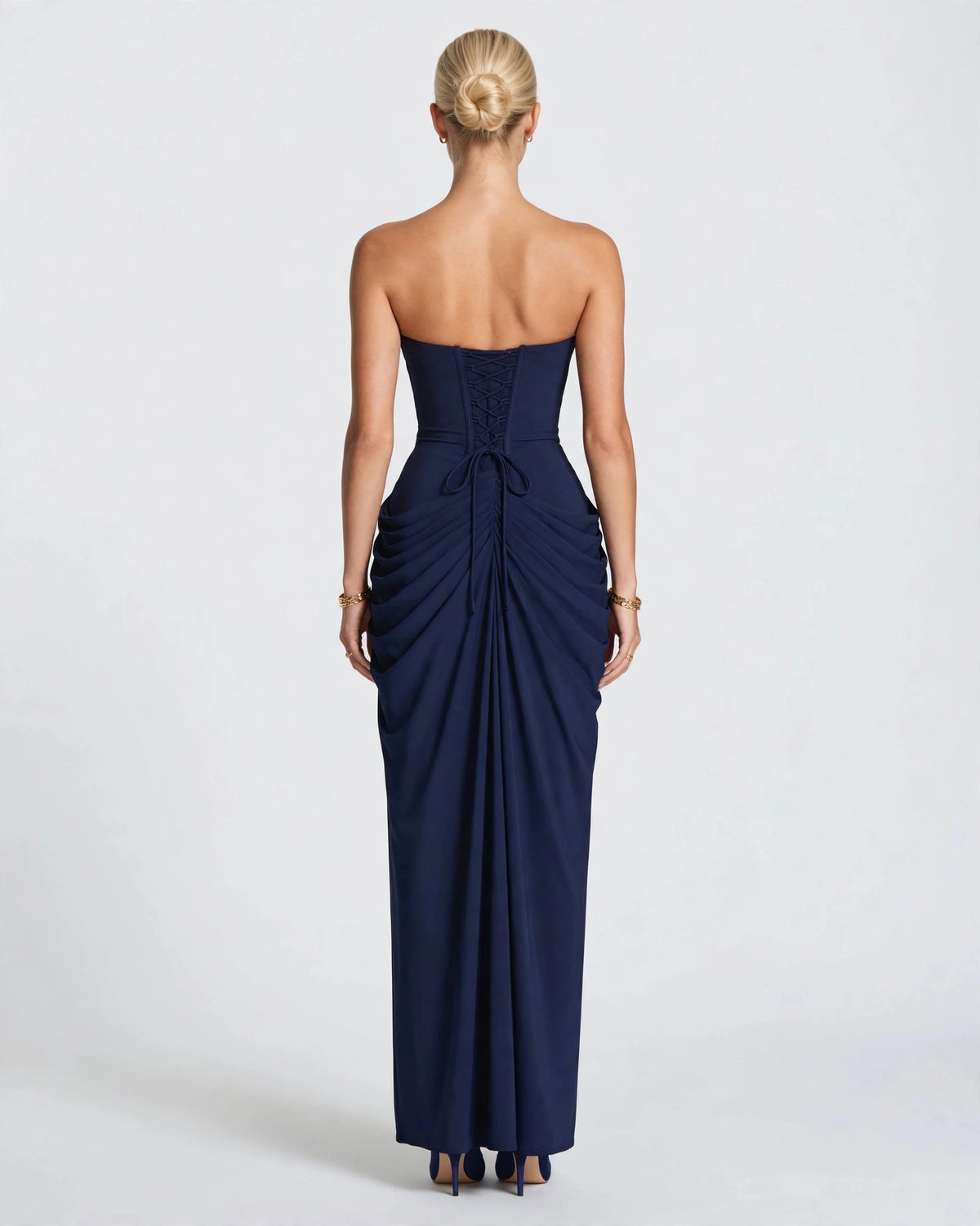Seraphine navy draped corset column maxi gown, back view