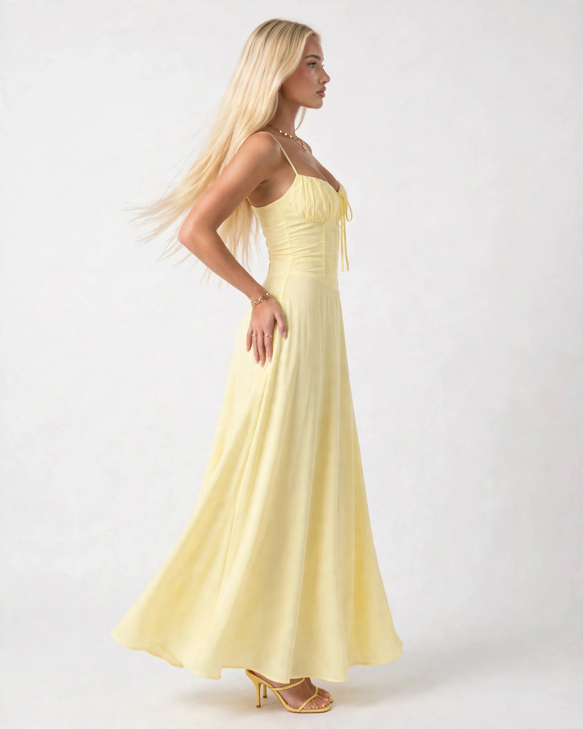 Soleil butter yellow lace-up corset midi dress, side view
