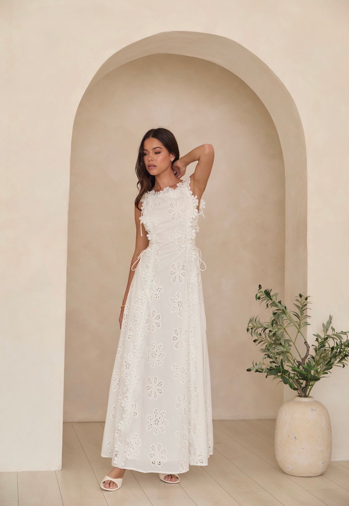 Clara | White Floral Eyelet Embroidered A-Line Maxi Dress with Lace-Up Sides