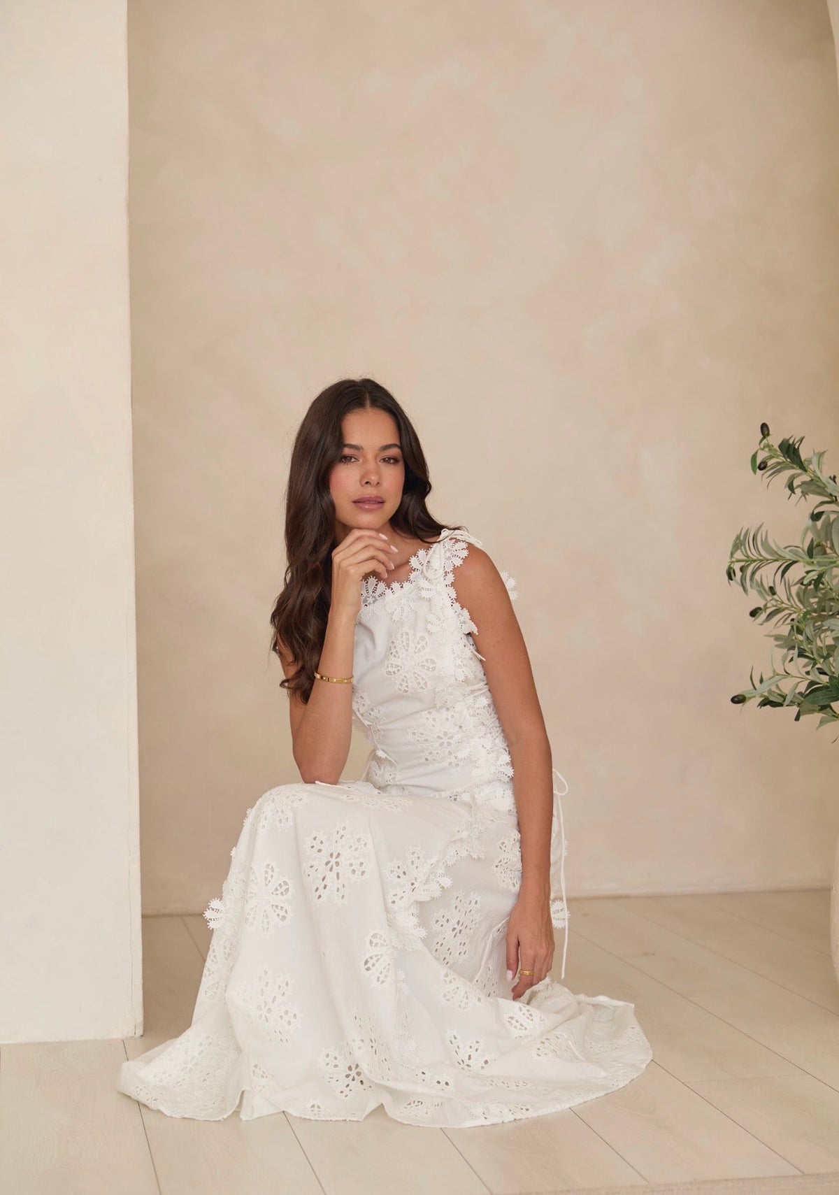 Clara | White Floral Eyelet Embroidered A-Line Maxi Dress with Lace-Up Sides